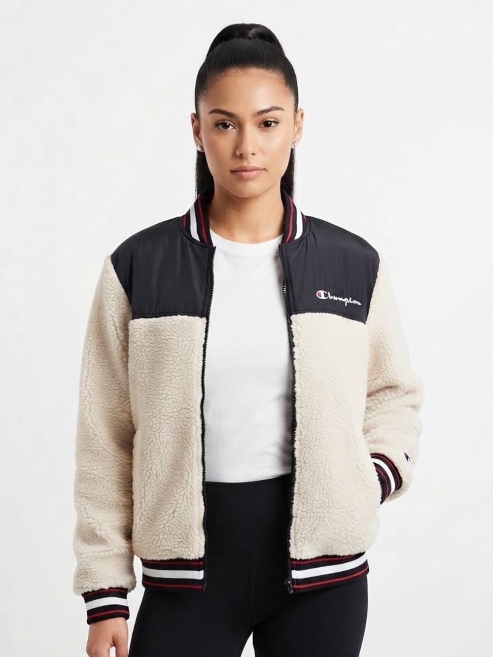 Champion Colorblock Sherpa Fleece Zip Up Bomber Jacket Size Large